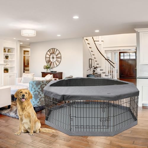 Image of PETIME Foldable Metal Dog Exercise Pen /Pet Puppy Playpen Kennels Yard Fence Indoor /Outdoor 8 Panel 24 inch W with Top Cover and Bottom Pad (Playpen+Bottom+Top Cover, 8 Panels 36 inch H)