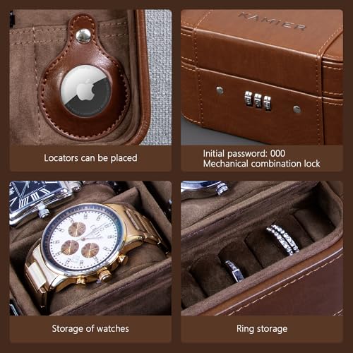 KAMIER Watch Case with Combination Lock - 4 Watch Storage and Jewelry Organizer - Watch Travel Case for Ring and Watch Storage, PU Leather Travel Watch Case, Ideal for Gift (With Gift Box), Brown2
