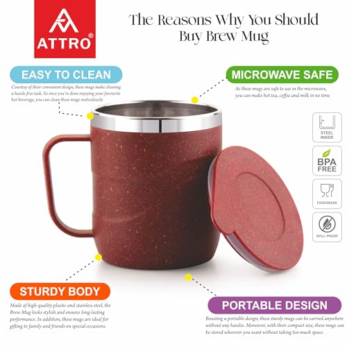 Image of ATTRO Brew Mug - Stainless Steel Inner with eco Friendly Outer Body,Durable & Stylish, Microwave Safe Coffee /Tea Mug with Handle & Lid, Ideal for Home, Office, Travel & Gifting - 300ml - Crimson Red