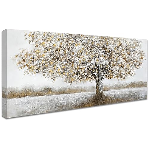 Wooden Framed Large Canvas Wall Art Tree of Life Painting on Canvas Prints Poster Abstract White Gold Brown Wall Pictures for Living Room Bedroom Dinning Room Restaurant Wall Decoration 50x120cm