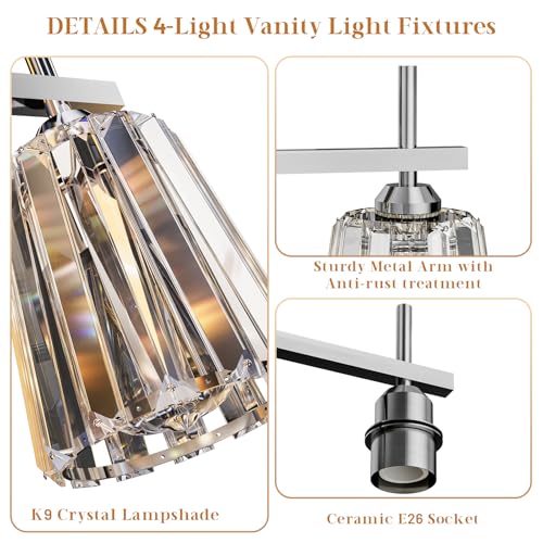 Image of Crystal Bathroom Light Fixtures Over Mirror, Chrome 4-Light Bathroom Vanity Lights Over Mirror Modern Wall Lighting Sconces with Ceramic E26 Base (Bulbs Not Include)