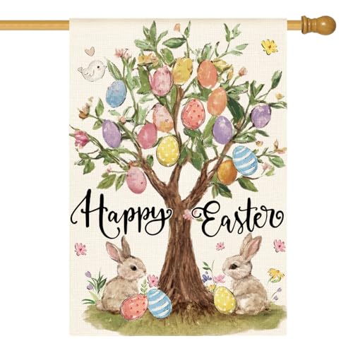 AVOIN colorlife Happy Easter Egg Tree Bunnies House Flag 28x40 Inch