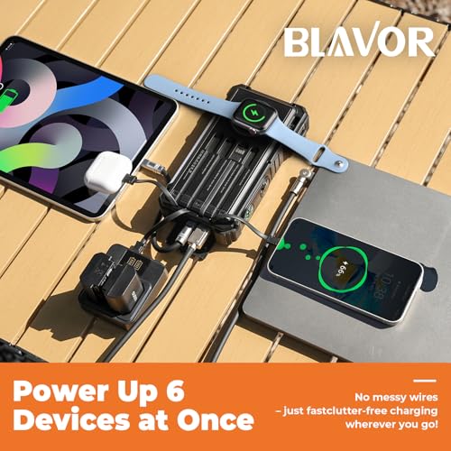 Image of BLAVOR Solar Power Bank 20000mAh Built-in Cables, Wireless Charger for Phones & Apple Watch, 20W Fast Charging Battery Pack with USB C, Flashlight, Solar Charger for iPhone, iPad, iWatch, Samsung