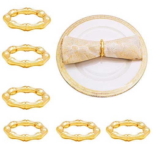 NAGU Napkin Rings Set of 6 - Super Clean Bamboo Shoot Style Napkin Holder Rings for Home Table Setting, Kitchen, Dining Room, Dinner Parties, Luncheons, Picnics, Weddings, Christmas - Golden Color