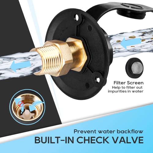 Image of RVGUARD RV City Water Inlet, 3 /4 inch NH Female to 1 /2 inch NPT Male City Water Fill Inlet Flange Brass with Check Valve for RV, Camper, Trailer, Marine (Black S) (Pack of 2)