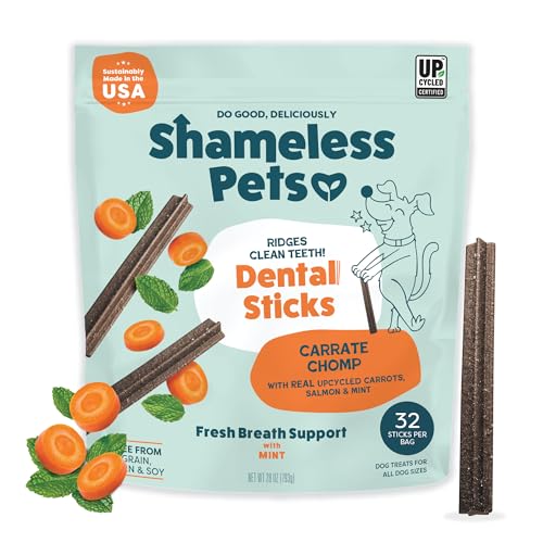 Image of Shameless Pets Carrot & Mint Dental Chews for Dogs, 32 Chews - Natural Dog Teeth Cleaning Treats with Fresh Breath Benefits | Grain-Free Dental Sticks for Small, Medium & Large Dogs