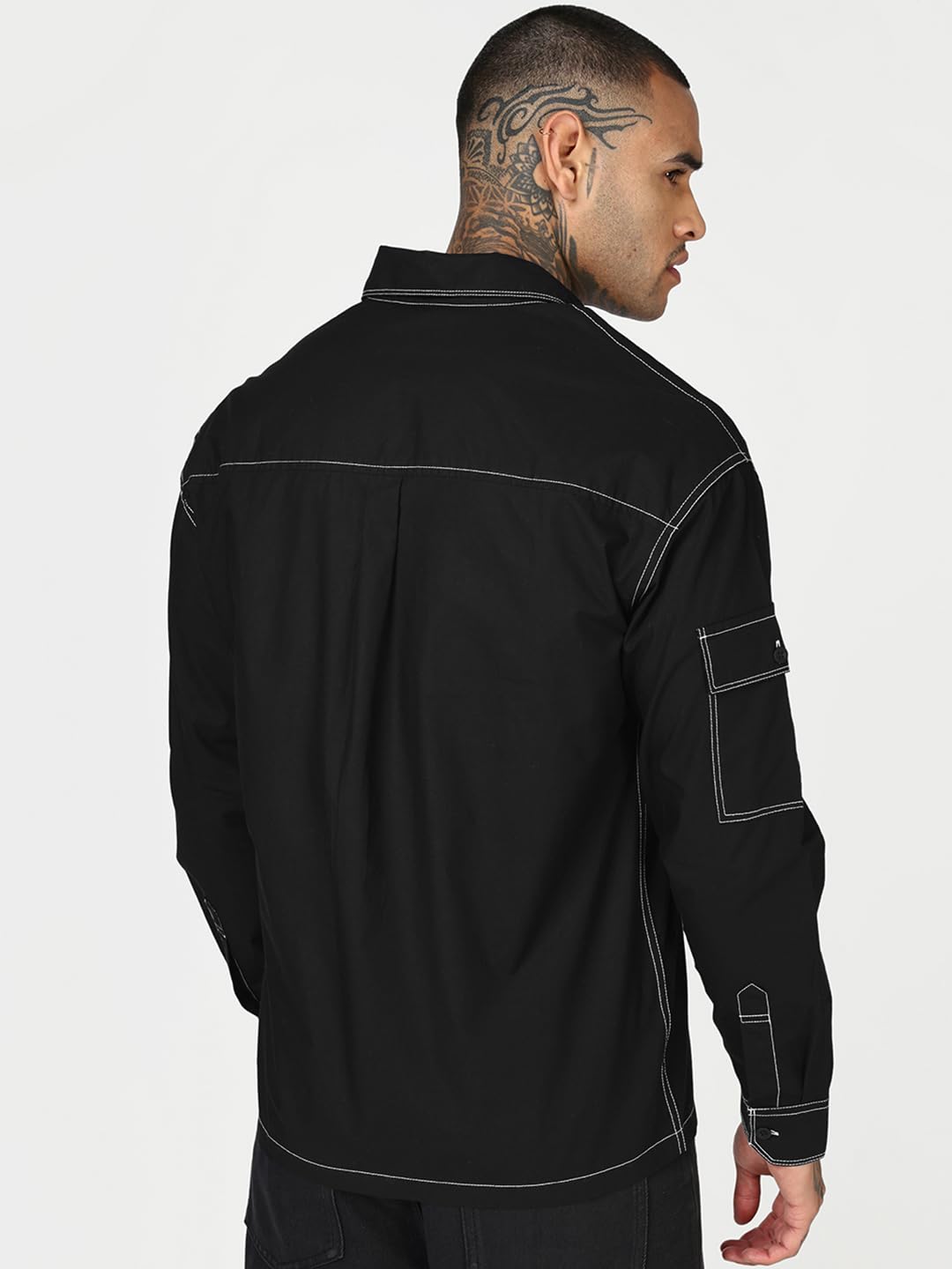 Bewakoof Camicia da uomo in popeline con colletto a maniche lunghe oversize