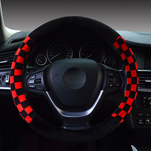Hivel Inverno Griglia Peluche Coprivolante Auto Morbido Caldo Peloso Antiscivolo Reticolo Veicolo Copri Volante Car Steering Wheel Cover 38cm - Rosso