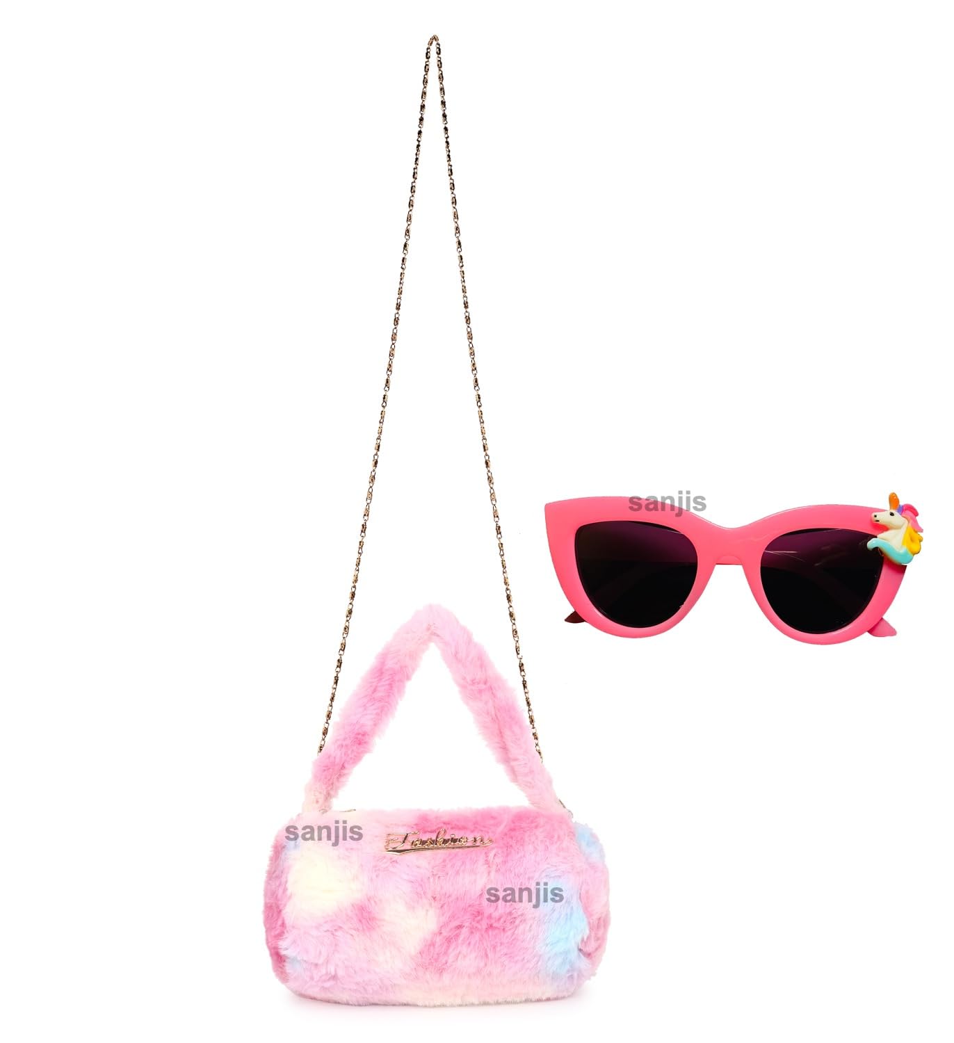 Sanjis Enterprise Combo: Tiny Fur Sling and Sunglass - Small Fur Multicolour Sling Bag with Chain/Handbag/Crossbody/Purse, Stylish Shoulder Bag for Girls in Rainbow (B0CJ3JJBV1) Amazon Price History, Amazon Price Tracker