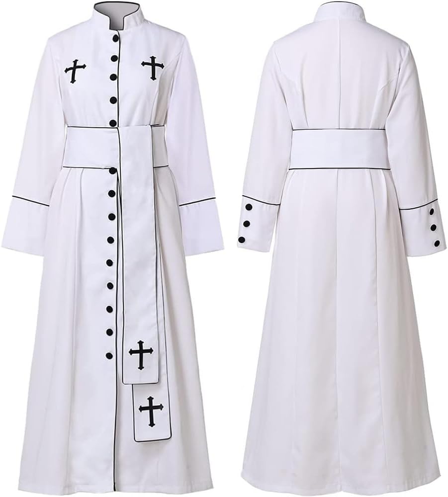 Men's Priest Costume Clergy Robe Church Minister Pastor Worship Cassock with Cross Necklace for Adult