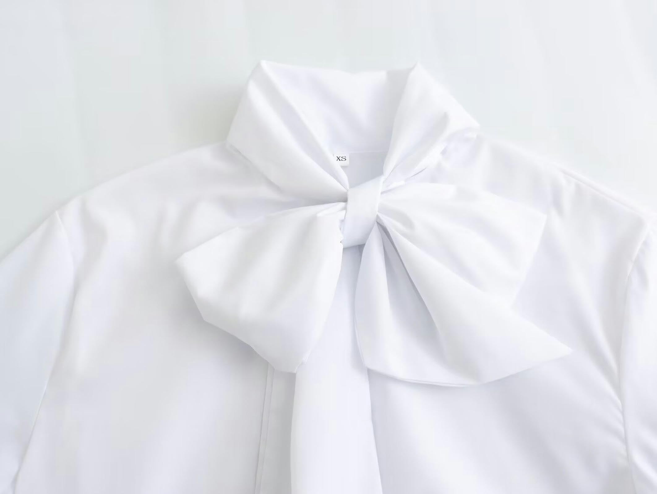 Camicia in Popeline Bianco Serie Casual dal Nuovo Temperamento Primaverile con Decorazione a Fiocco-Bianco-XS