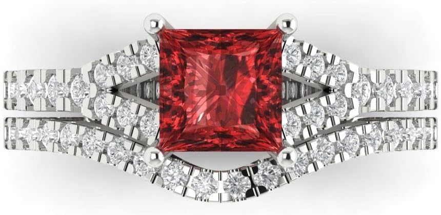 Clara Pucci Women's 18K White Gold Princess-Cut Garnet Solitaire Bridal Set with Eternity Band (3.4 cttw)
