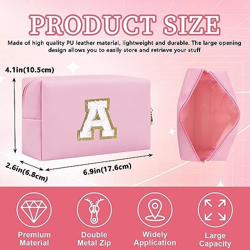 Personalized Initial Letter Patch Makeup Bag, Preppy Portable Chenille Cosmetic Bag with Zipper, PU Leather Waterproof Travel Toiletry Bag Monogram Make Up Pouch for Women Girls - 1