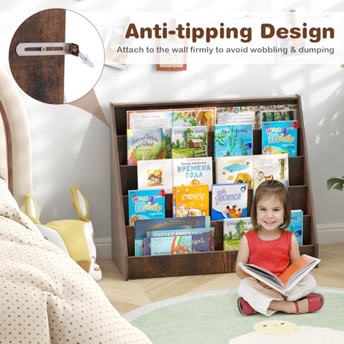 Image of HONEY JOY Kids Bookshelf, 5-Tier Wooden Toddler Bookcase, Children Book Rack & Magazine Display Shelf, Toy Storage Organizer, Book Shelf for Kids Rooms, Playroom, Nursery, Classroom (Rustic Brown)
