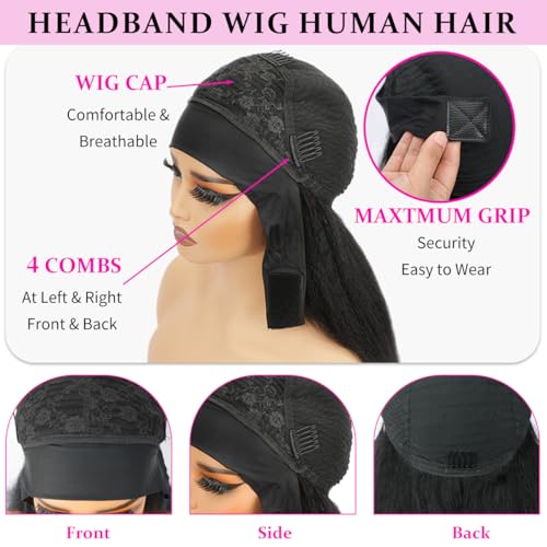 Image of Headband Wig Human Hair 12A Kinky Straight 14 Inch Yaki Straight Headband Wig 200% Density Glueless None Lace Front Wigs for Women Machine Made Wear and Go Wigs Headband Half Wigs Natural Color