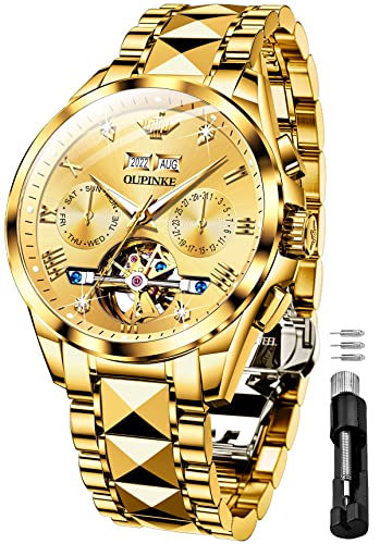 OUPINKE Gold Men Automatic Mechanical Wrist Watches Luxury Dress Tungsten Steel Luminous Waterproof Sapphire Diamond Calendar Best Gifts Men