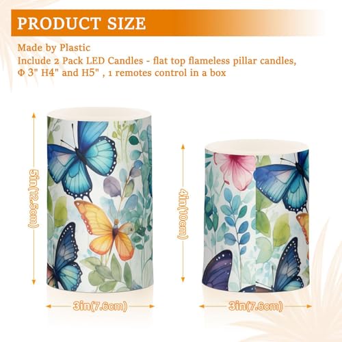 Image of Lights Flameless Candles Butterfly Floral Pillar Candles Set of 2 Battery Operated Remote Control Warm Lights Home Decor
