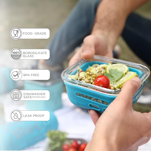 Image of GLASAFE Borosilicate Glass Lunch Box for Office w /t Air-Tight lid & Protective Silicone Sleeve | Tiffin Box for Men & Woman | Microwave & Dishwasher Safe | Leakproof Design | Set of 1-520ml,Blue