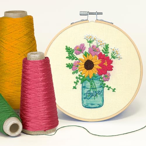 Image of Dimensions 72-70487 Floral Jar Embroidery Needlepoint Kit for Beginners, 6 inch Diameter Hoop, Multicolor, 5 Pieces