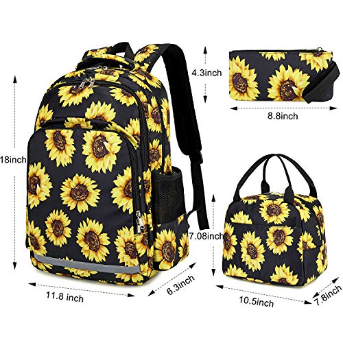 School Backpacks Girls Sunflower Bookbag Water-Resistant Schoolbag Kids Insulation Lunch Bag And Pencil Case (Sunflower - Black) #TOP3
