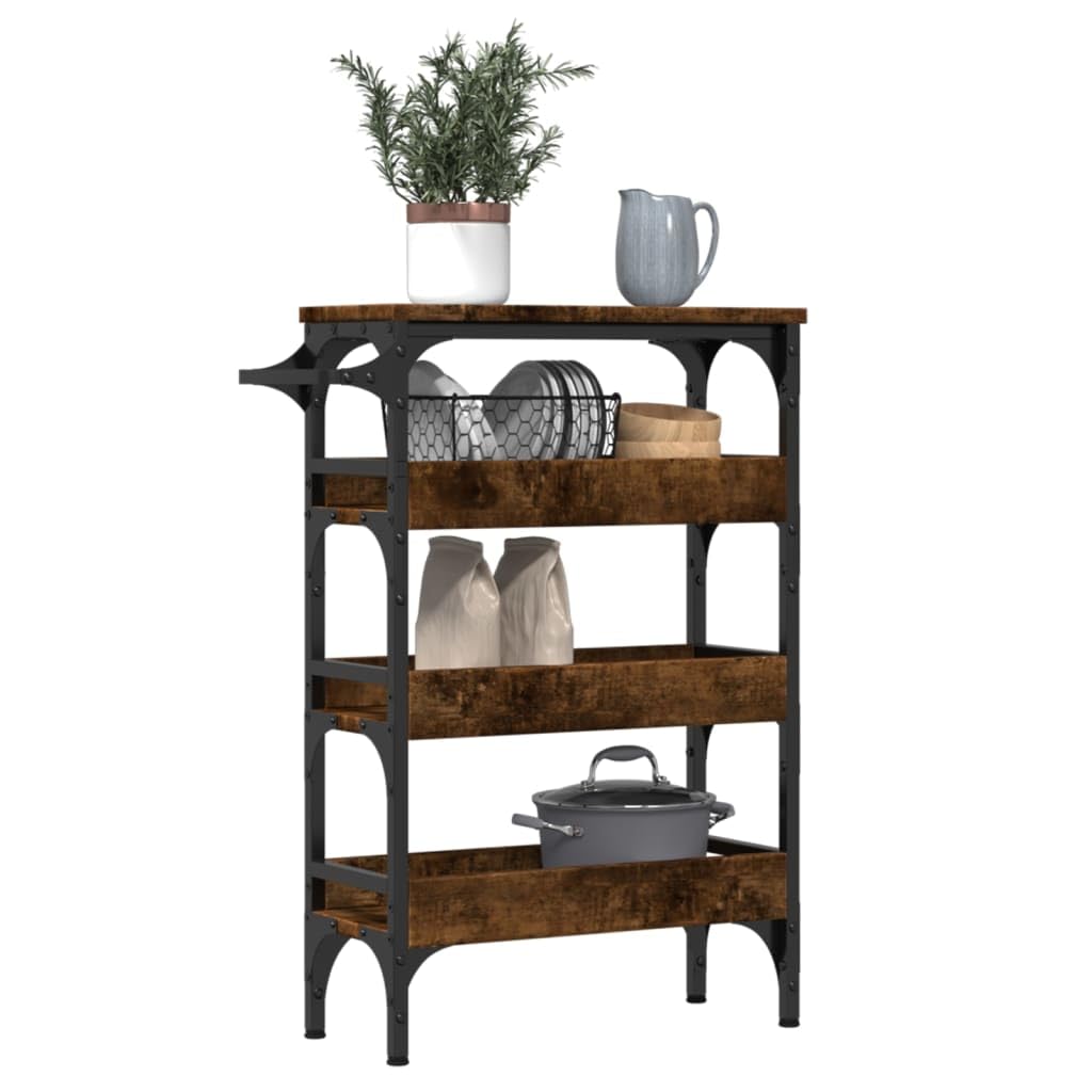 Carro de cocina de roble ahumado, 53 x 20 x 76 cm, carrito de servicio estrecho con ruedas de madera y acero, carrito vintage para cocina, baño y salón, carrito auxiliar con toallero