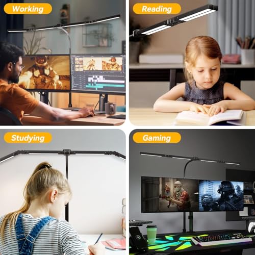 Image of Adjustable LED Desk Lamp with Clamp, 4-Head Eye-Caring CRI95+ Desk Light, Stepless Dimming & Color Temp Remote Control, Flexible Neck, 5-Mode for Reading, Computer, Crafting, 90 inch Wide Desk Coverage