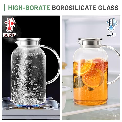SUSTEAS 2.2 Liter 75oz Glass Pitcher with Lid, Easy Clean Heat Resistant Glass Water Carafe with Handle for Hot/Cold Beverages - Water, Cold Brew, Iced Tea & Juice, 1 Long-Handled Brush Included