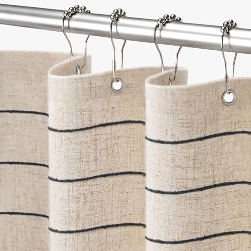 XOGUIBO Black Linen Striped Shower Curtain, Boho Beige Shower Curtains for Bathroom, 72 x 72