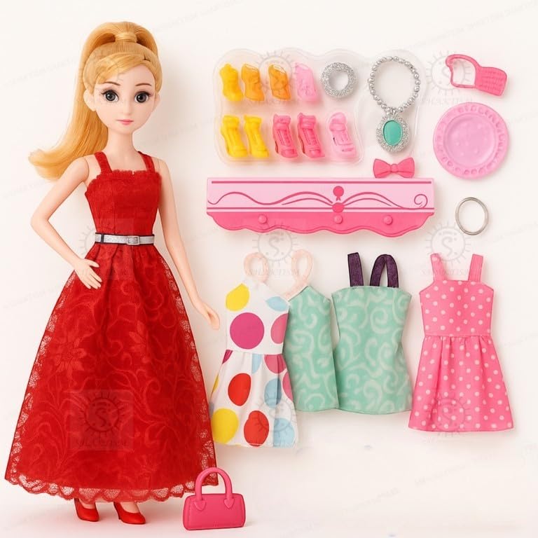 Image of SHAKTISM Fashion Doll Set for Girls with 3 Dresses, Shoes, Handbag & Accessories | Princess Dress-Up Doll Toy Kit | Role Play Fashion Beauty Doll for Kids Age 3+ Years (Random Colour Dispatch)