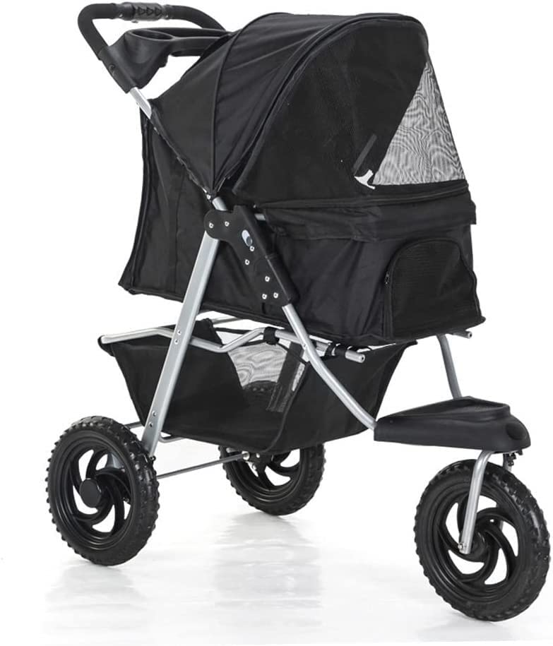 Cochecito para mascotas de 3 ruedas para gatos/perros, cochecito para perros con ruedas grandes, cochecito plegable para perros con portavasos, carga de 55 libras (rosa) (negro)