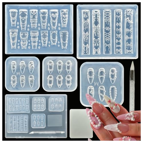 5Pcs 3D Cake Piping Gel Nail Art Mold Arts Resin Strawberry Cream Flower Molds for Accessories Supplies Wreath Silicone Tools Ribbon Bow Nails