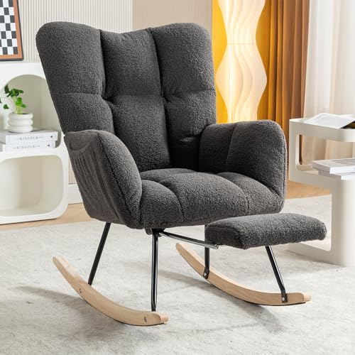 Image of FOXHUNTER Nursery Rocking Chair, Teddy Upholstered Glider Rocker with Adjustable Footrest, Rocker Recliner Chair with High Backrest, Padded Recliner Chair, Reading Chair for Bed Room (Dark Gray)