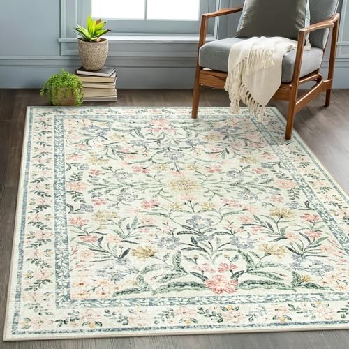 Wonnitar Washable Area Rugs 5x7, Soft Floral Bedroom Area Rug, Washable Carpet 5x7 Non Slip, Boho Flower Print Beige Carpets for Living Room Bedside Dining Room