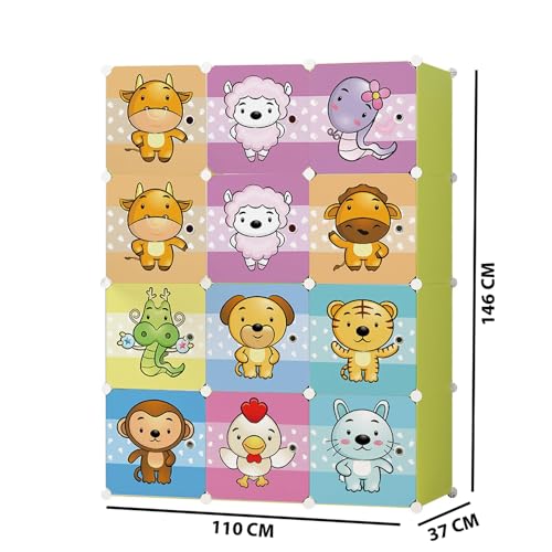 Image of AYSIS Almirah for Clothes, Plastic Soft Sheet Collapsible Wardrobe for Kids Toys /Books, Baby Cupboard Storage in Bedroom Nursery, Cartoon (Green, 12-Shelf-12-Door)
