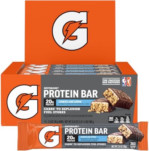 Gatorade Whey Protein Bars, Cookies & Crème, 2.8 oz bars (Pack of 12, 20g of protein per bar)