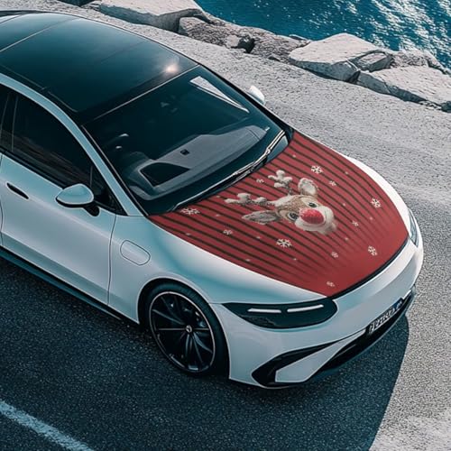 Image of Christmas Deer Prints Car Hood Cover Stretch Polyester Protector for Car Hood Removable Automotive Accessories Easy Installation for Christmas Decoration and Gifts