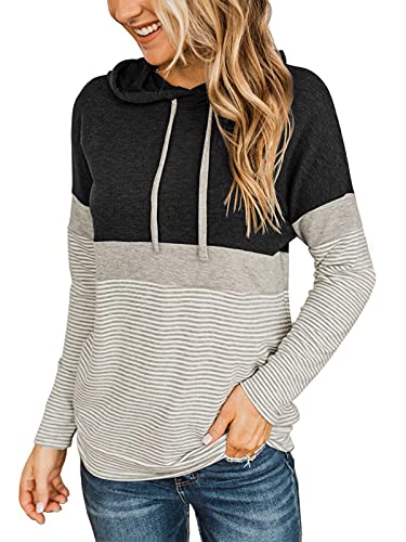 Butgood Womens Spring Outfits 2023 Black Color Block Hoodies Long Sleeve Crewneck Fall Striped Tunic Sweatshirts #TOP2