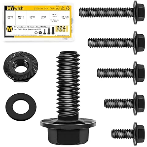 224Pcs M6 Bolt M6 x 12/16/20/25/30mm, Flanged Hex Head Nuts and Bolts, Metric Assorted Bolts Nuts and Washers Kit, 10.9 Carbon Steel M6 Screws, Black Oxided M6x1.0 Bolt Kit by Mywish Cover