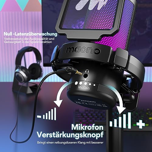 MAONO USB Gaming Mikrofon, Noise Cancellation Kondensator Microphone mit Mute, Gain, Monitoring, Pop-Filter für Streaming, Podcast, Twitch… – Ansicht 5