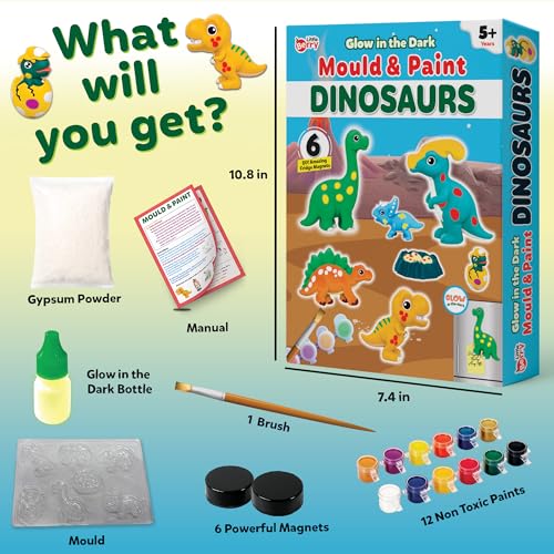 Image of Little Berry DIY Mould and Paint Kit for Kids: Dinosaurs Craft Kit | Make 6 Glow in The Dark Fridge Magnets | Painting Art & Craft Set for Girls & Boys 3-10 Years | DIY Kit for Kids | Gifting Toys
