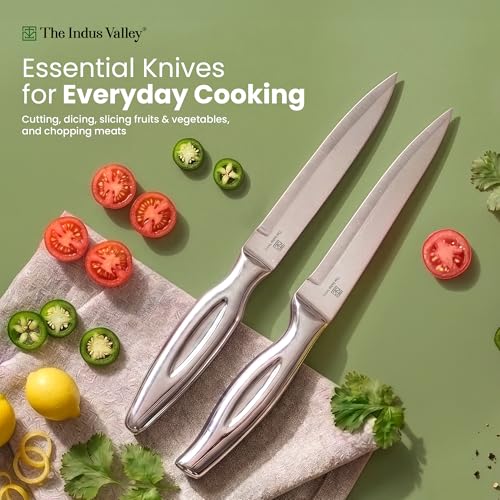 Image of The Indus Valley Stainless Steel Knife | Set of 5 with Wooden Stand | Chef, Bread, Chopper, Utility & Paring Knife Combo Set | Secure Grip Handle | Ideal for Choping, Cutting & Slicing