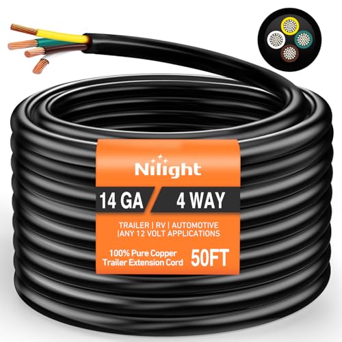 Image of Nilight 50 Feet 4 Way Trailer Wire Extension Cable 14 Gauge 4 Conductor 100% Pure Copper Insulated Heavy Duty Weatherproof for 4 Pin Blade RV Automotive