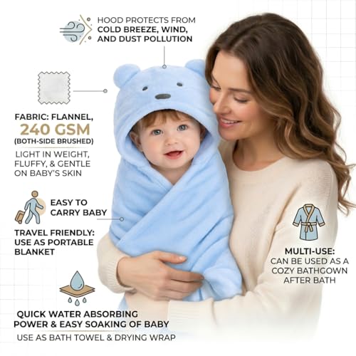 Image of First Kick New Born Baby Blanket Pack of Super Soft Bathrobe Wrapper Bath Towel for Boys, Girls, Babies (Sky Blue, Length 82 cm x Width 82 cm, 0-12 Months)