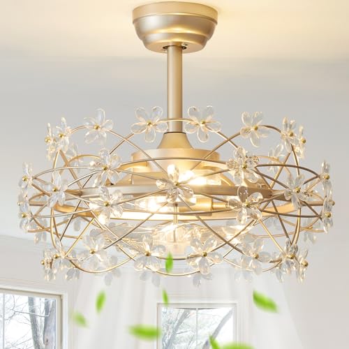 Image of YMKSKJ Gold Fandelier Ceiling Fans with Lights, 20" Crystal Chandelier Ceiling Fan with Light Remote Control, Flower Caged with 6 Speeds for Bedroom, Nursery, Living Room