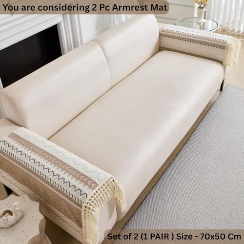 Image of HOMETHREADS Innovative European Premium Style Anti Slip Cotton Sofa Cover Mat with PVC Backing for Non-Slip Comfort (Beige, 2Pc Armrest Mat | 70x50cm)