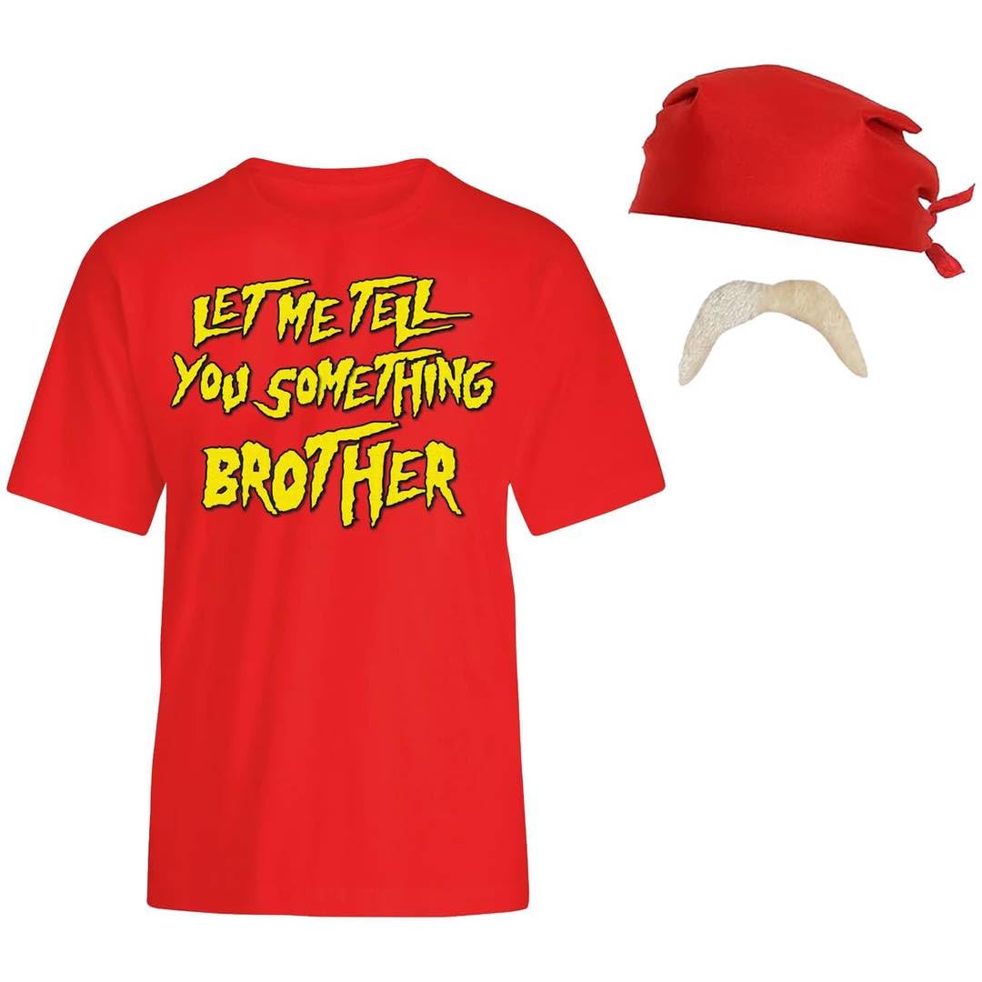 Adults 1980s Wrestler Fancy Dress Costume – Red Bandana, Red T-Shirt with Slogan Print, Blonde Moustache – Retro Wrestling Outfit for Parties & Halloween