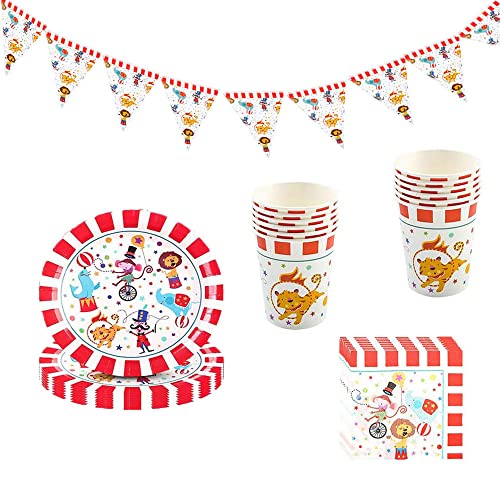 Conjunto de louça de festa de 45 peças, tema de aniversário, pratos festa de circo canecas guardanapos palha facas garfos bandeiras para aniversários, festa temática (12 convidados)