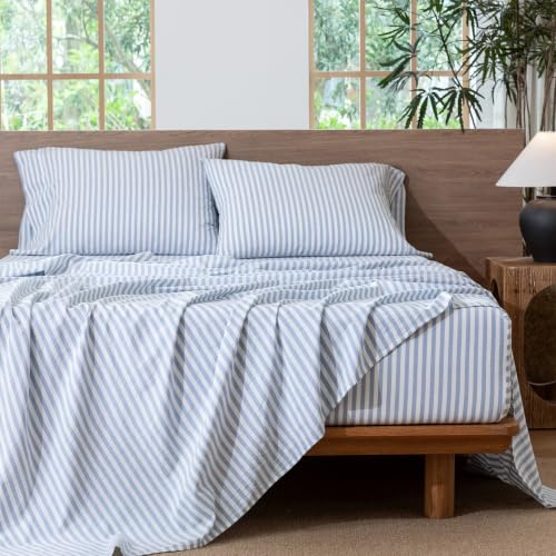 Image of MooMee Striped Sheet Set 100% Washed Cotton Linen Like Queen | Relaxed Linen-like Texture. Soft, Breathable & Lightweight Comfort. 15-19 inch Extra Deep Pocket with All-around Elastic