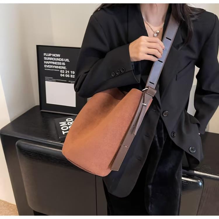 Image of Women Suede Bucket Shoulder Bag Fashion Vegan Leather Slouchy Hobo Bag Office Tote Handbag Crossbody Designer Purse