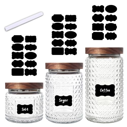 Glass Jars with Wood Lids Labels and Pen - Kitchen and Pantry Storage Container Sets for Countertop, Airtight Decorative Vintage Canisters for Candy, Cookie, Treat, Sugar, Coffee, Tea, Set of 3